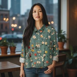 Unisex Floral Button Down Shirt- size L -NEW-G